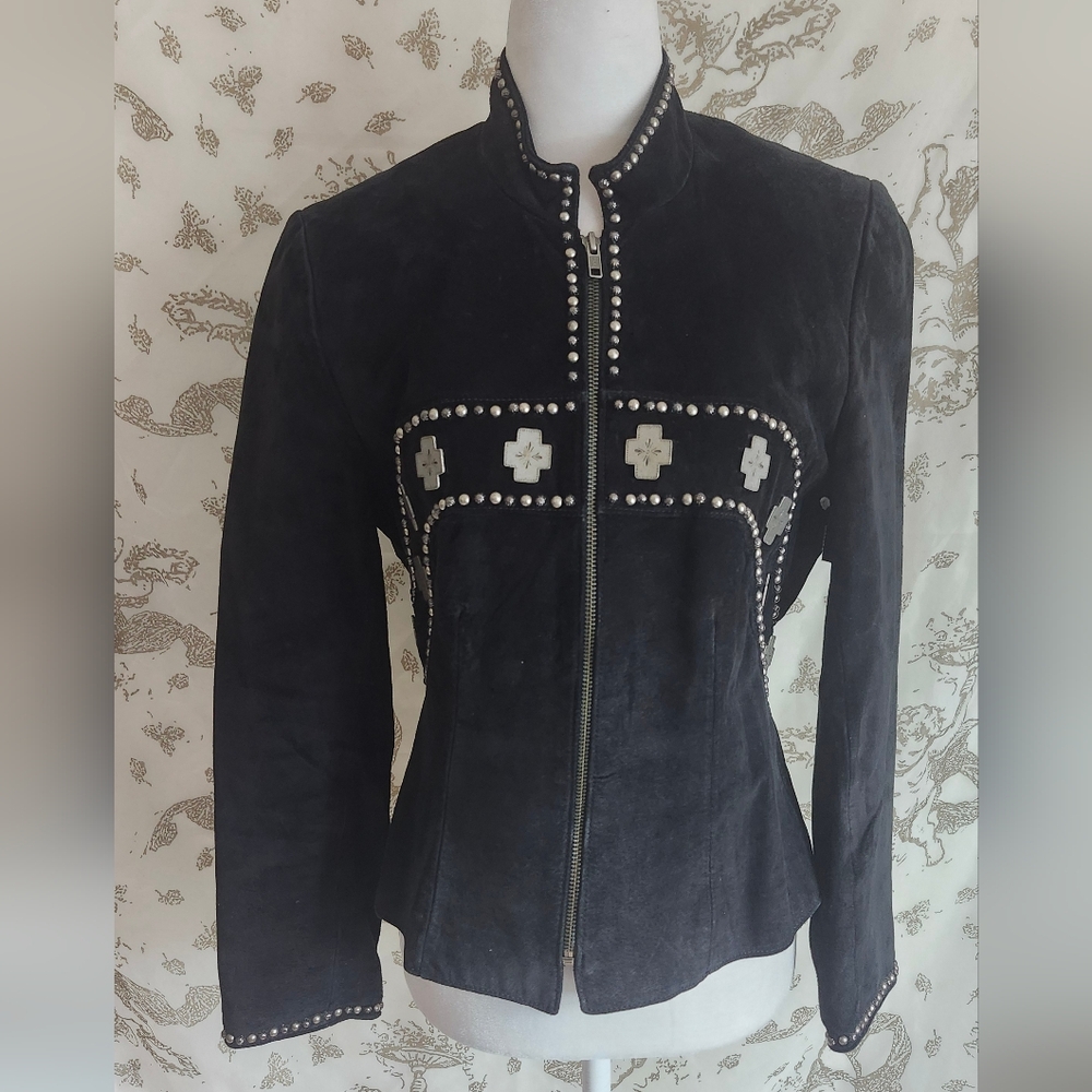 Studded Zip Up Cowgiel Western Embellish Black Suede Jacket With Cross Motif Xs